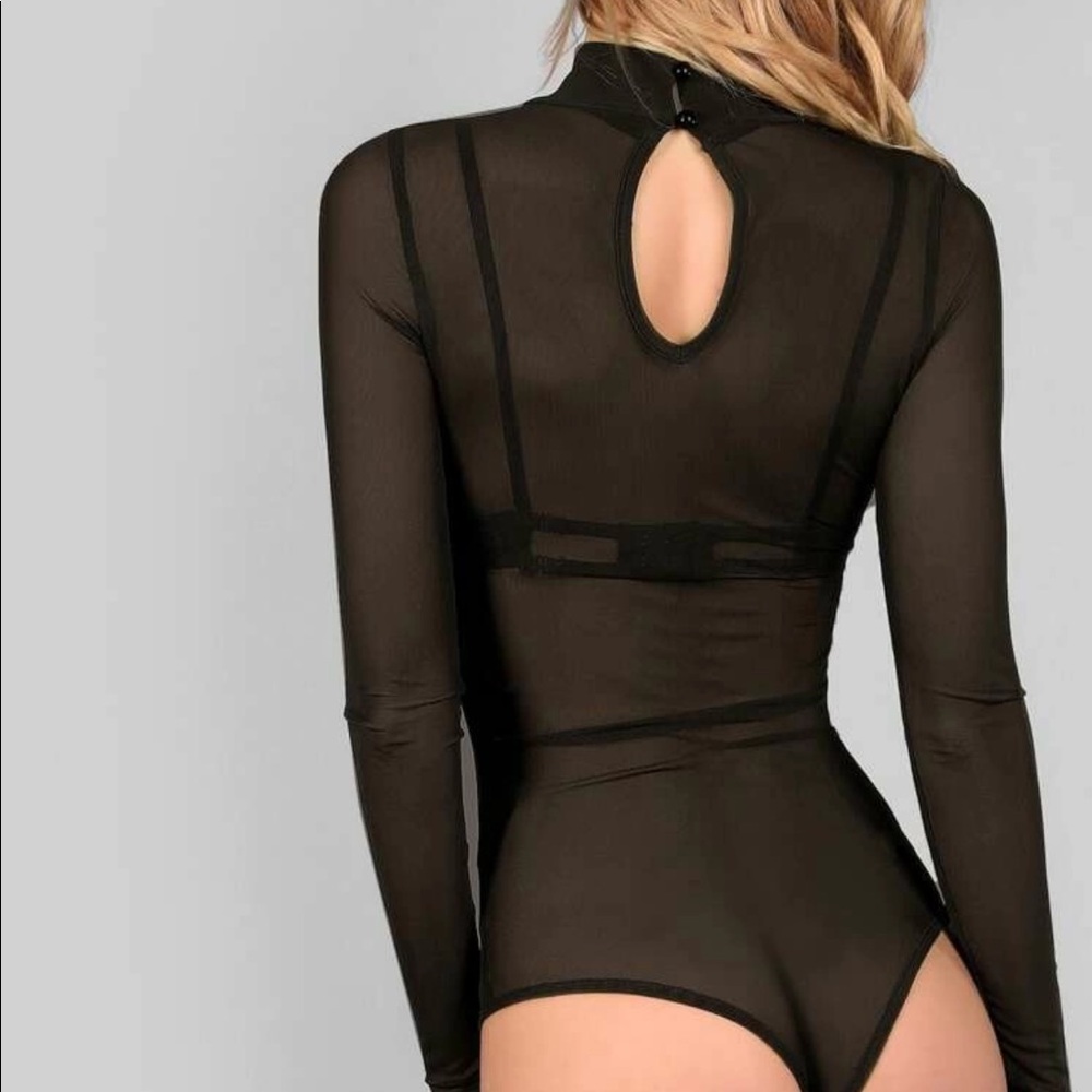 mock-neck sheer-mesh bodysuit